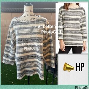 Eileen Fisher Organic Cotton Woven Stripe Fringe Thick 3/4 Sleeve Boxy Sweater M